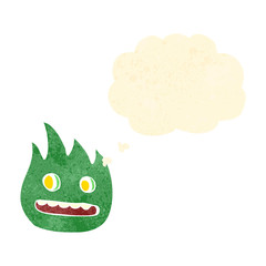 retro cartoon green flame character with thought bubble