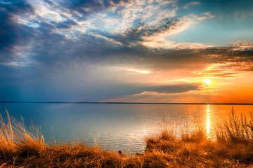 Sunset at the Gorky reservoir lake