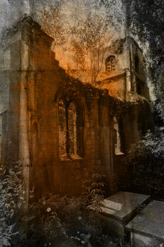 nostalgisch texturiertes Bild einer alten Kapelle auf einem verfallenen Friedhof in Bath, England