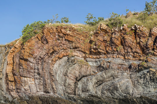 The 1.7 billion year old Elgee sandstone cliffs in Yampi Sound, Kimberley, Western Australia