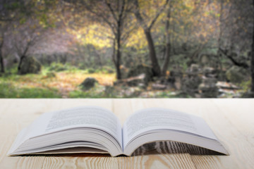 Open book on wooden table on natural blurred background