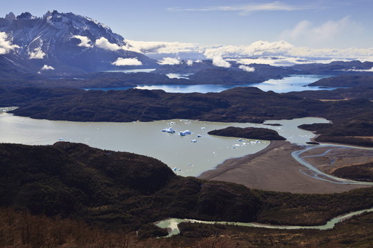 View of lakes Grey, Pehoe, Nordenskjold and Sarmiento, from Ferrier Vista Point, Torres del Paine, Patagonia, Chile