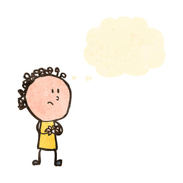 retro cartoon worried woman with thought bubble