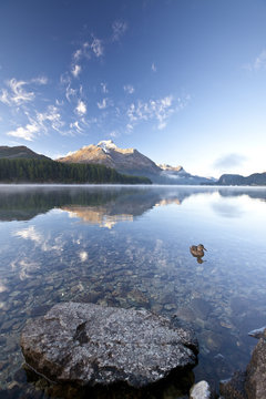 Piz da la Margna reflecting in Lake Sils by Saint Moritz in Engadine, Graubunden