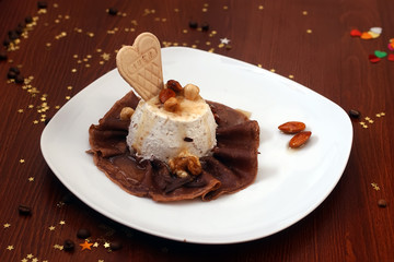 Vanilla ice cream and chocolate pancake