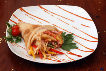 Pancake with bacon chees and sweet pepper