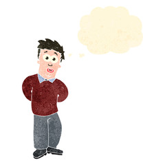 retro cartoon shy man with thought bubble