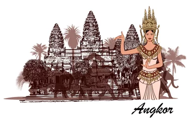 Poster Angkor wat met olifanten, palmbomen en apasara © Isaxar