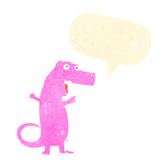 retro cartoon pink dinosaur with speech bubble