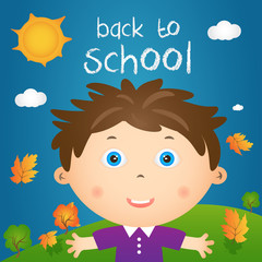 Cartoon illustration of happy little boy in autumn landscape wit