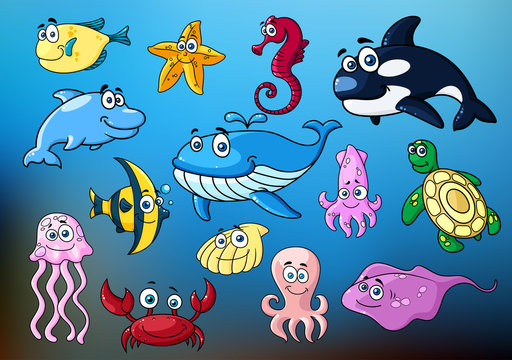 Cartoon funny sea animals characters