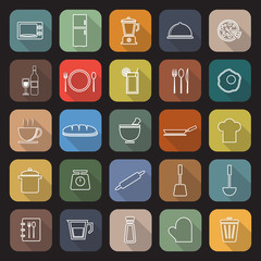 Kitchen line flat icons with long shadow