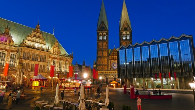Market Square, City Hall and the Cathedral of Bremen, Germany at night. Time lapse