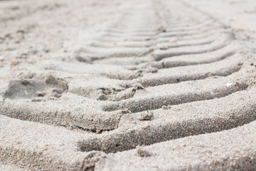 Fototapeta na wymiar Tyre track in the sand 