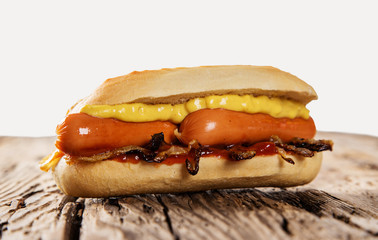 hot dog on wooden background
