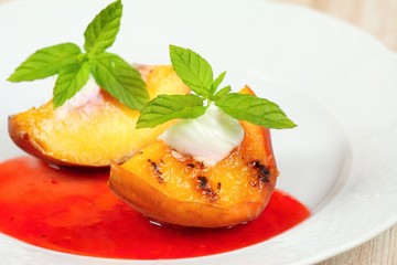 Grilled peaches, mascarpone  & mint