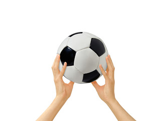 soccerball in a hand on a white background