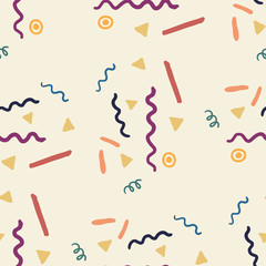 Party pattern with streamers and confetti. Seamless vector background in retro style