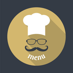 Hipster chef  hat with mustache and glasses.