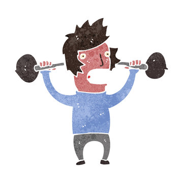 retro cartoon man straining to lift weights
