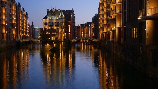 Part of the old Speicherstadt in Hamburg, Germany. Illuminated at night