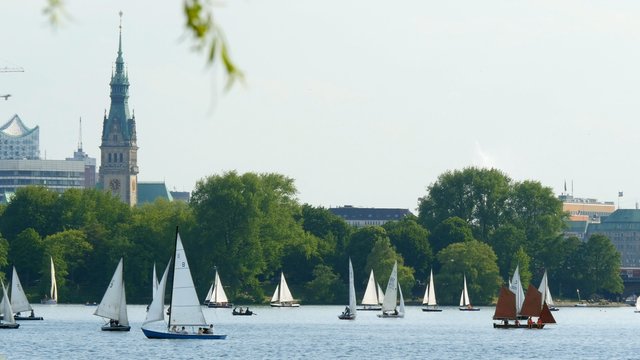 View of the Alster lake in Hamburg. UHD, 4K