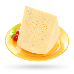 Piece of cheese with tomato and mint isolated on white background