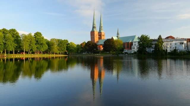 Lubeck old town, Cathedral and Trave river, Germany