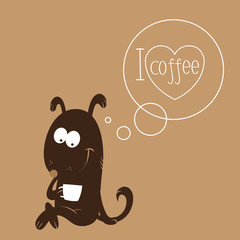 Card with cute cartoon dog having coffee. An inscription I love coffee.
