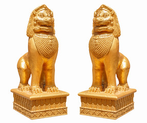 golden lion statue Thai art style isolated on white background