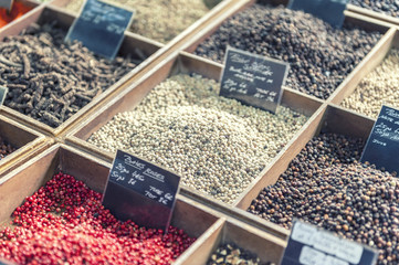 Close up of spices on a provencal street market in Provence, France
