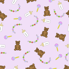 seamless pattern with children's items, vector illustration with baby items on a pink background