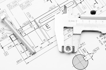 Bolt, nut and caliper on the drawing