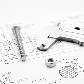 Bolt, nut and caliper on the drawing