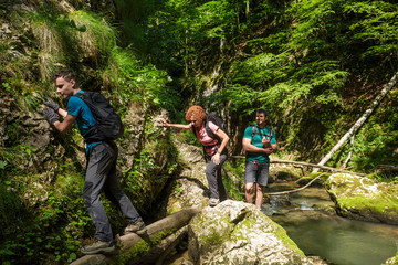 Family of hikers in a canyon