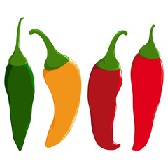 Hot chili peppers in red, green and yellow color. Vector illustration