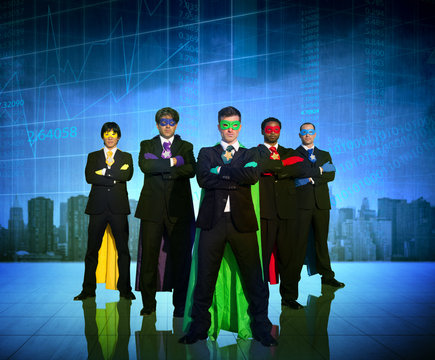 Superhero Business People Strength Cityscape Stock Exchange Conc