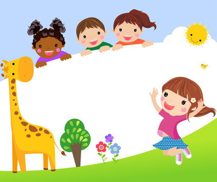 Color frame with group of kids and giraffe,background.