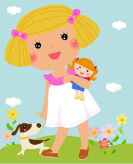 Child hugging her rag doll - Vector