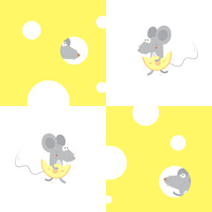 Seamless pattern with cute cartoon mice and cheese on a white background.