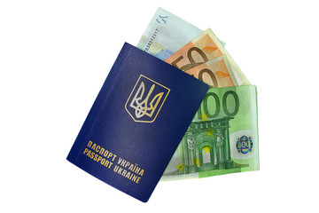 Ukrainian passport with money isolated on white background