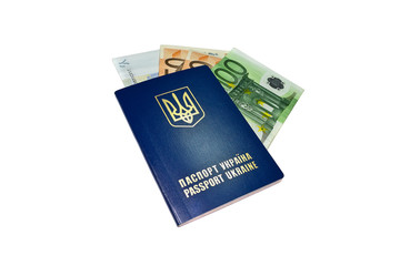 Ukrainian passport with money isolated on white background