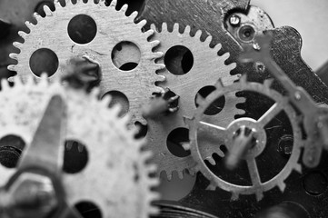 Black white Cogwheels Clockwork. Macro