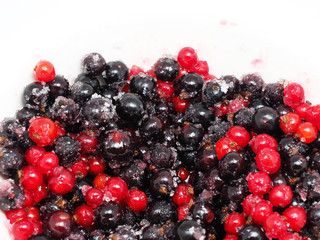 black and red currants in sugar on a white background