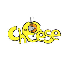 Cheese logo. Yellow letters, cartoon mouse who is looking out of a hole in cheese.