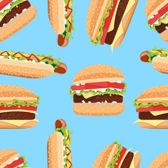 Fast Food seamless pattern hamburger and Hot Dog