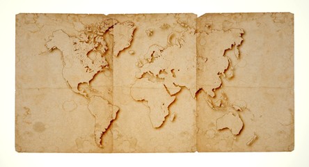 Vintage world map on triple sheet of old paper