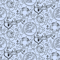 Tattoo seamless pattern with different hand drawn elements