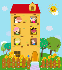 Funny cartoon house: in each window a cute smiling child.
