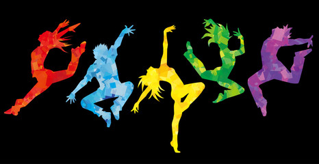 ダンサー５人横並べ(カラフルカラー背景黒)